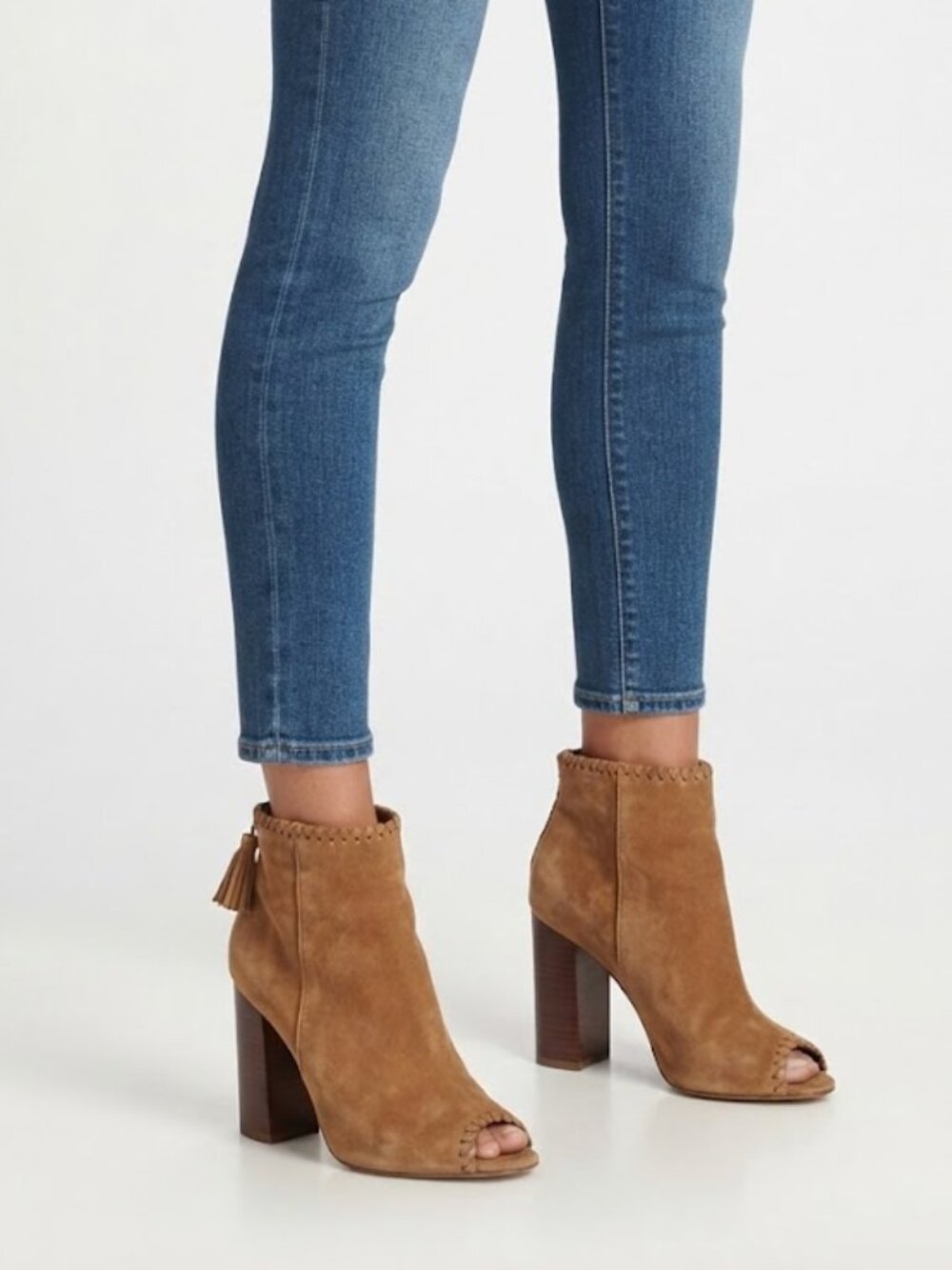 River Island Yalena Brown Suede Peep Toe Block Heel Booties Ankle Boots 8